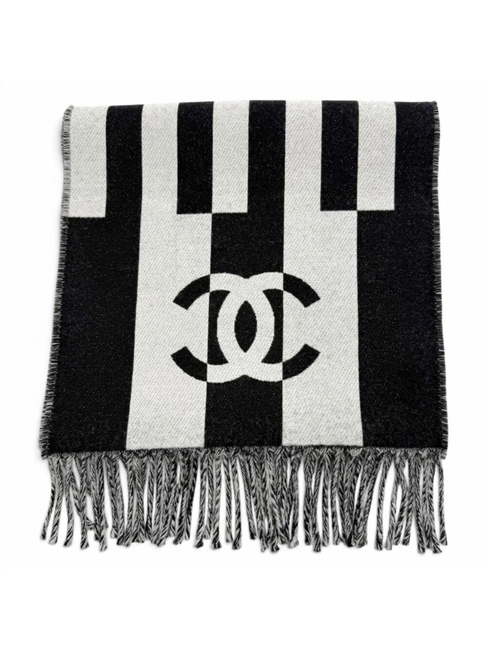 Chanel Wool 100% CC Logo Striped Fringe Scarf Black Gray